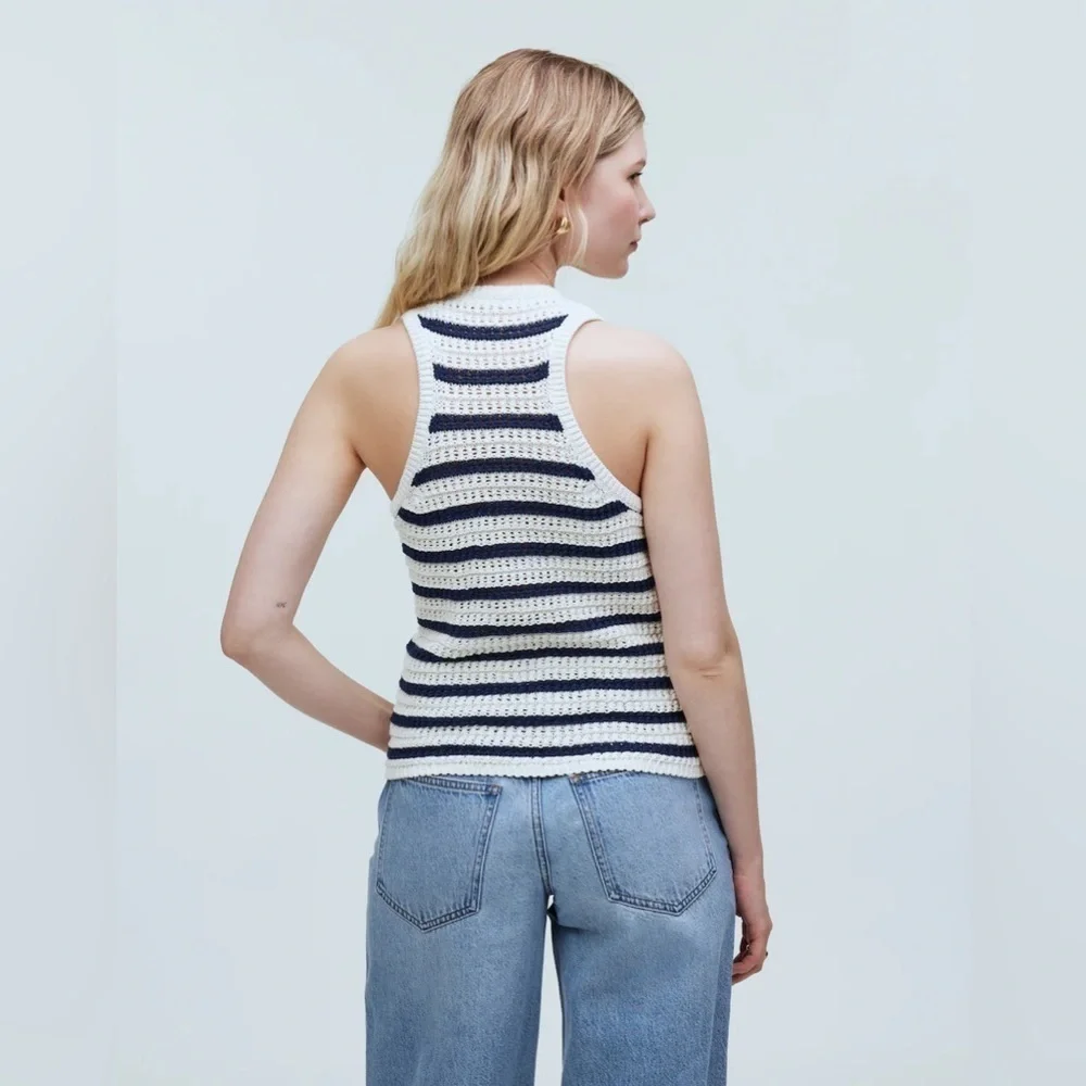NWT Madewell Crochet-Knit Cotton Crewneck Sweater Tank in Navy Blue & Ivory, XS